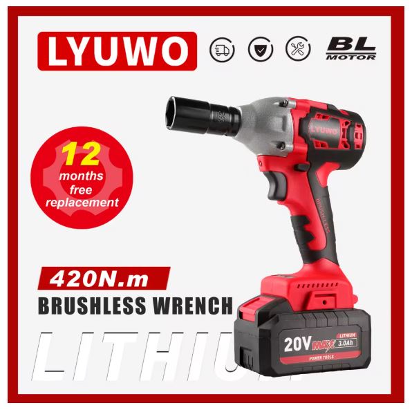 LYUWO 20V 420N. m Industrial Grade Impact Wrench For Automotive Repair, Woodworking, Lithium Battery, Brushless Electric Wrench