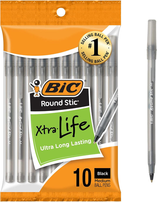 BIC Round Stic Xtra Life Black Ballpoint Pens, Medium Point (1.0mm), 10-Count Pack of Bulk Pens, Flexible Round Barrel for Writing Comfort, No. 1 Selling...