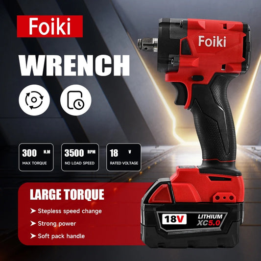 Foiki 18V Red Brushless Electric Impact Wrench Rechargeable 1/2'' Socket Wrench Cordless Electric Tool for Milwaukee Battery Pin