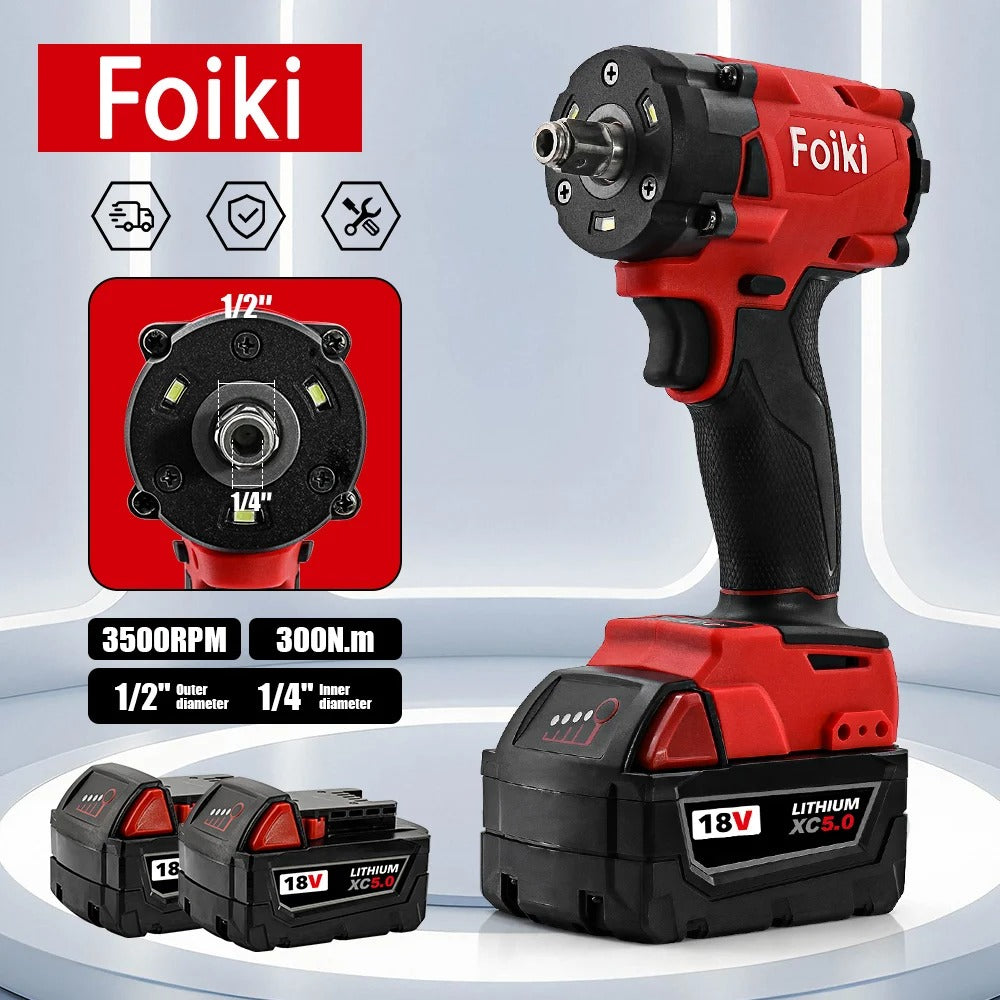 Foiki 18V Red Brushless Electric Impact Wrench Rechargeable 1/2'' Socket Wrench Cordless Electric Tool for Milwaukee Battery Pin