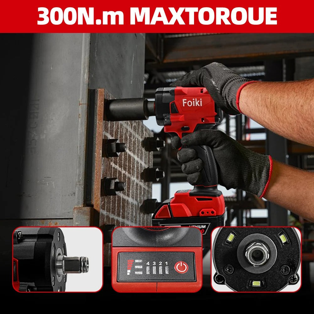 Foiki 18V Red Brushless Electric Impact Wrench Rechargeable 1/2'' Socket Wrench Cordless Electric Tool for Milwaukee Battery Pin