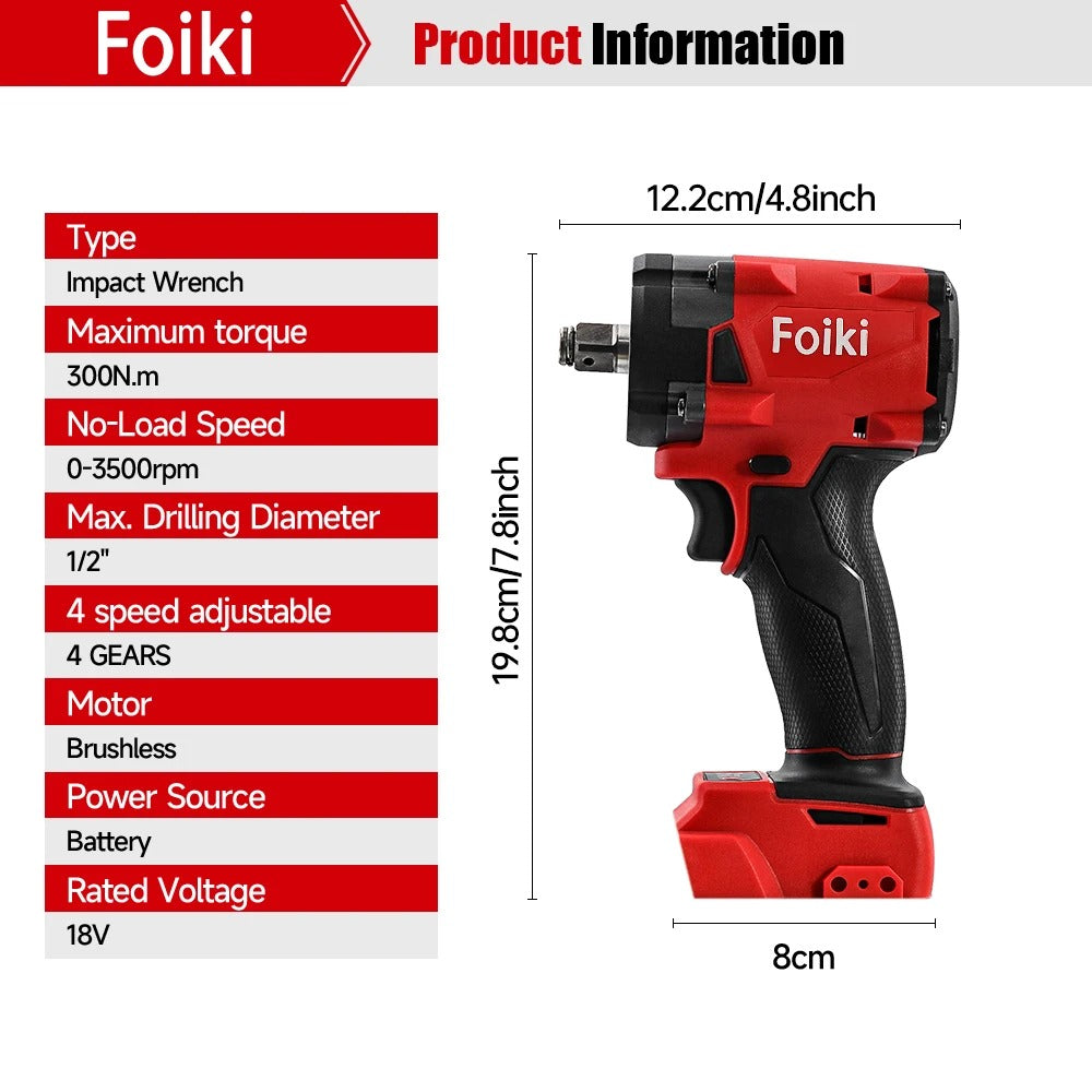 Foiki 18V Red Brushless Electric Impact Wrench Rechargeable 1/2'' Socket Wrench Cordless Electric Tool for Milwaukee Battery Pin